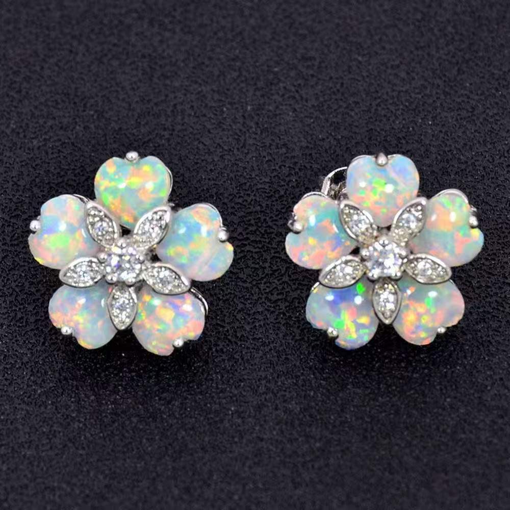 Opal Flower Stud Earrings, White Created Opal Floral Earrings with Cubic Zirconia, Silver Tone Flower Clip On Earrings for Women