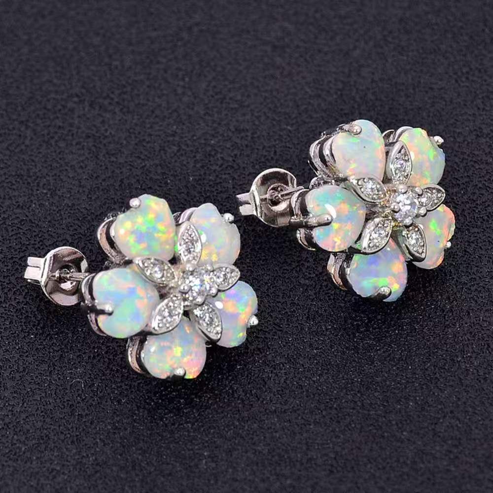 Opal Flower Stud Earrings, White Created Opal Floral Earrings with Cubic Zirconia, Silver Tone Flower Clip On Earrings for Women
