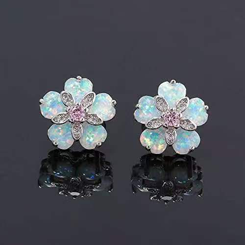 Opal Flower Stud Earrings, White Created Opal Floral Earrings with Cubic Zirconia, Silver Tone Flower Clip On Earrings for Women
