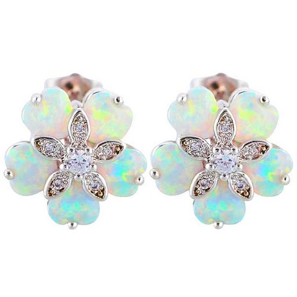 Opal Flower Stud Earrings, White Created Opal Floral Earrings with Cubic Zirconia, Silver Tone Flower Clip On Earrings for Women