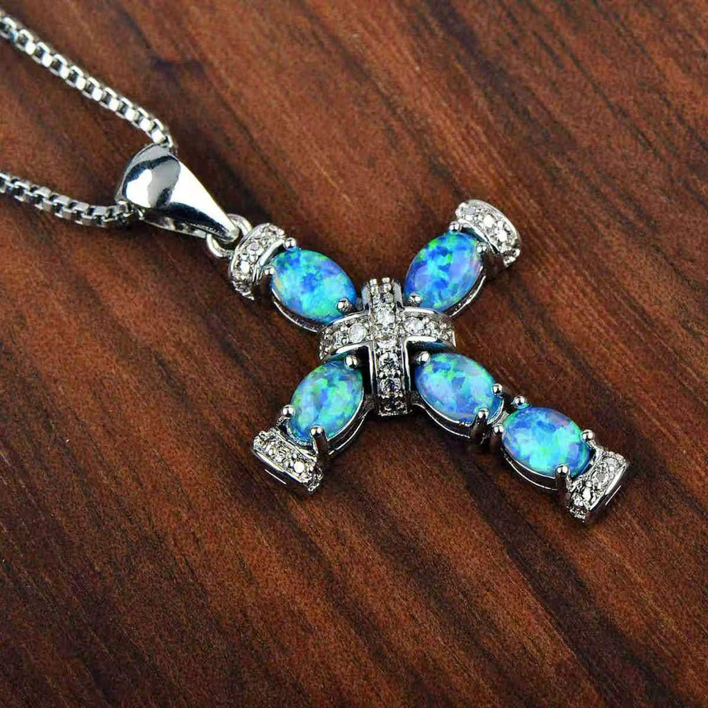 Vintage Created Opal Cross Necklace, Iridescent Opal Zircon Cross Pendant, Rose Gold & White Gold Faith Protection Necklace, Luxury Religious Jewelry Gift for Women