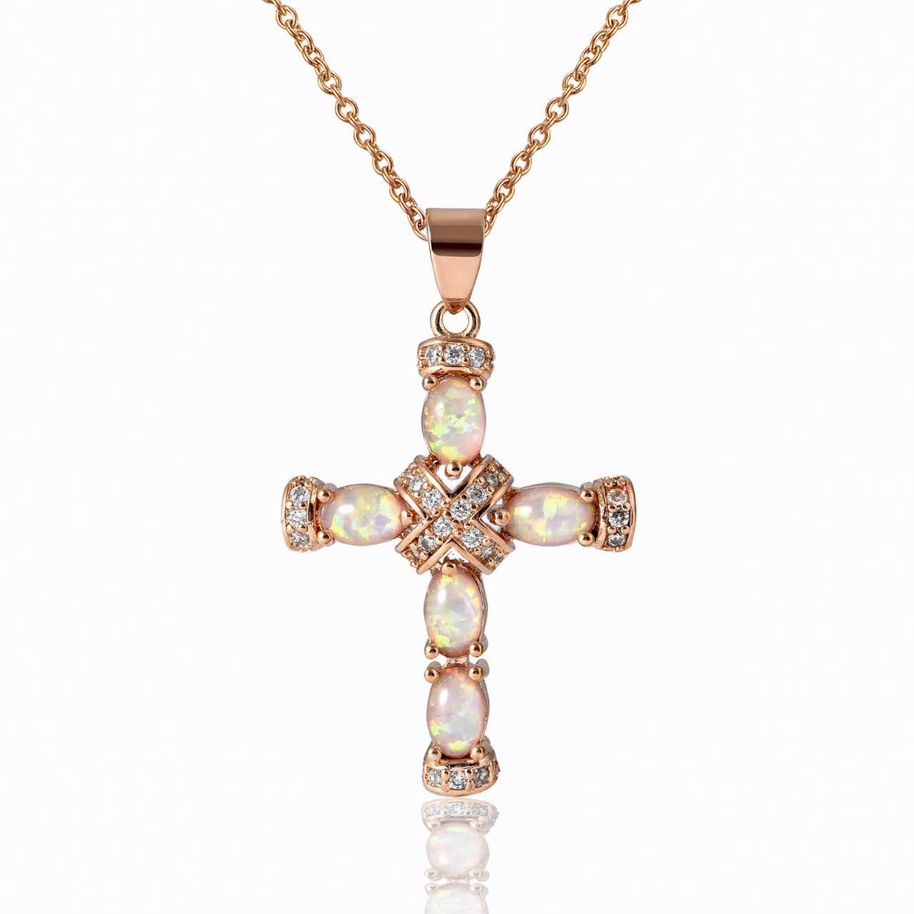 Vintage Created Opal Cross Necklace, Iridescent Opal Zircon Cross Pendant, Rose Gold & White Gold Faith Protection Necklace, Luxury Religious Jewelry Gift for Women
