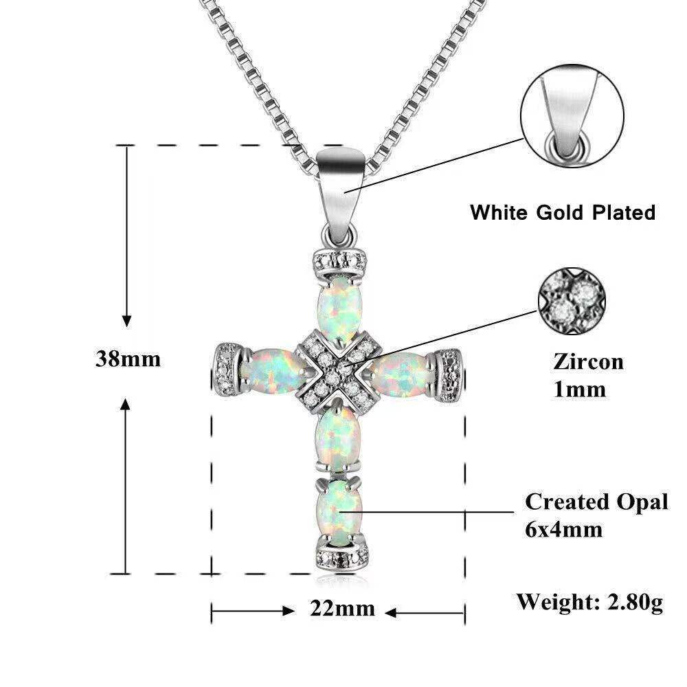 Vintage Created Opal Cross Necklace, Iridescent Opal Zircon Cross Pendant, Rose Gold & White Gold Faith Protection Necklace, Luxury Religious Jewelry Gift for Women