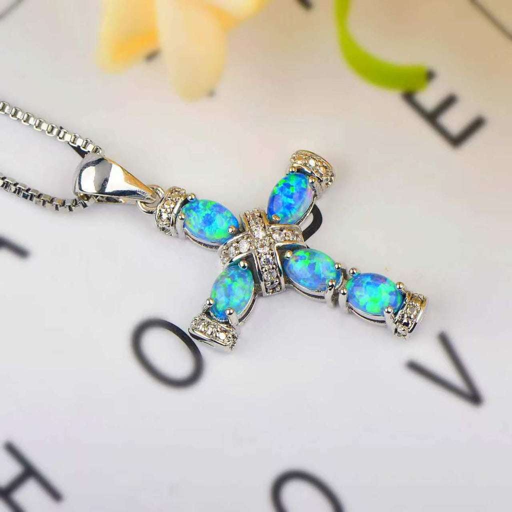 Vintage Created Opal Cross Necklace, Iridescent Opal Zircon Cross Pendant, Rose Gold & White Gold Faith Protection Necklace, Luxury Religious Jewelry Gift for Women
