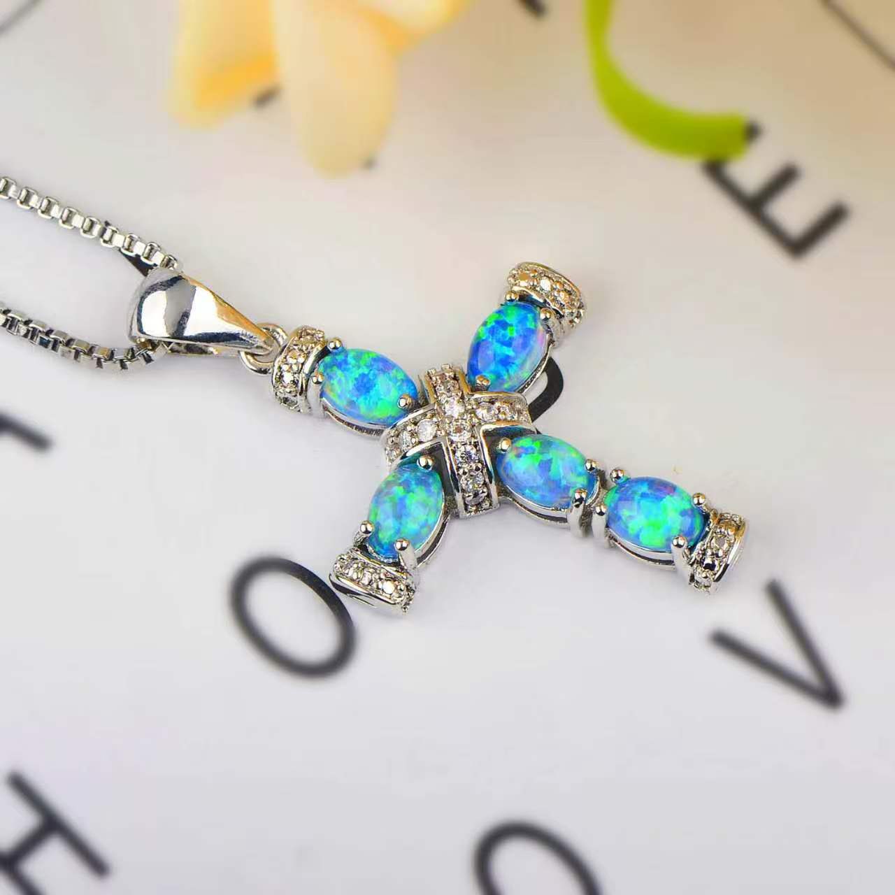 Vintage Created Opal Cross Necklace, Iridescent Opal Zircon Cross Pendant, Rose Gold & White Gold Faith Protection Necklace, Luxury Religious Jewelry Gift for Women