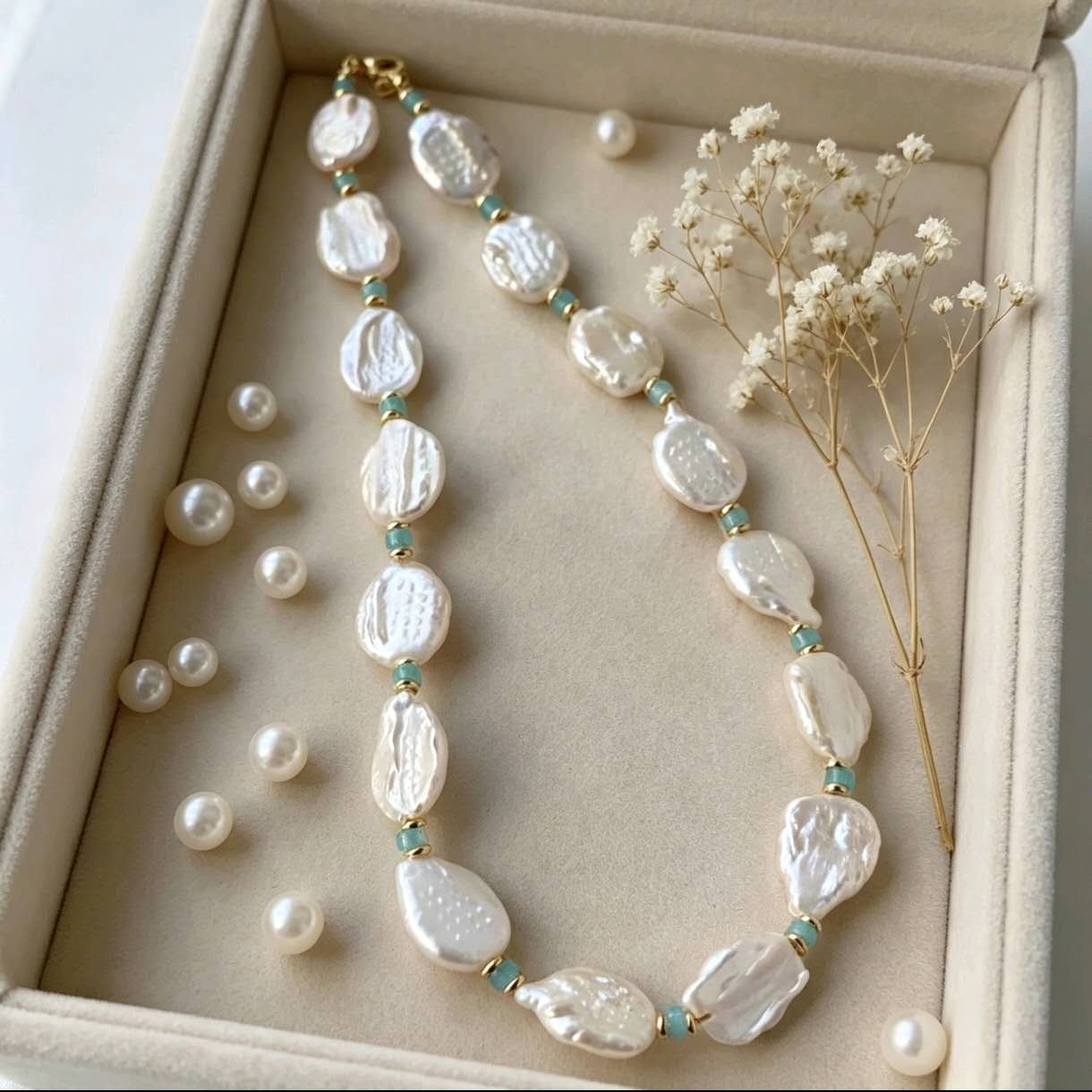 Natural Baroque Freshwater Pearl Necklace, Irregular Keshi Pearl with Amazonite Beads, 14K Gold Filled Choker, Elegant Handmade Women Jewelry for Wedding Daily Wear