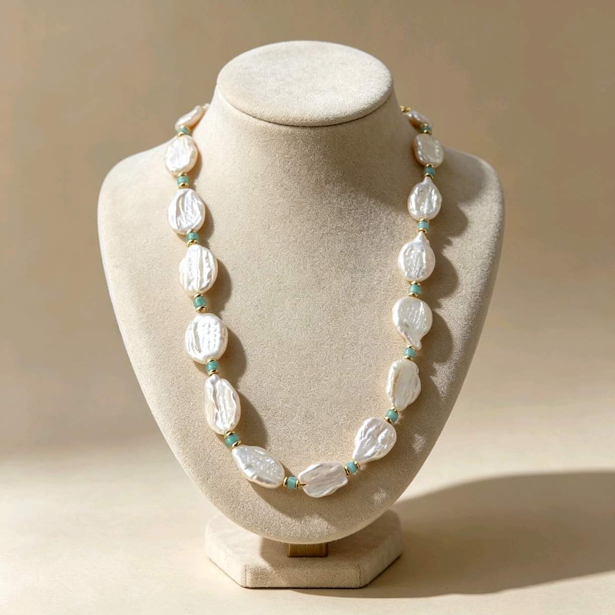 Natural Baroque Freshwater Pearl Necklace, Irregular Keshi Pearl with Amazonite Beads, 14K Gold Filled Choker, Elegant Handmade Women Jewelry for Wedding Daily Wear