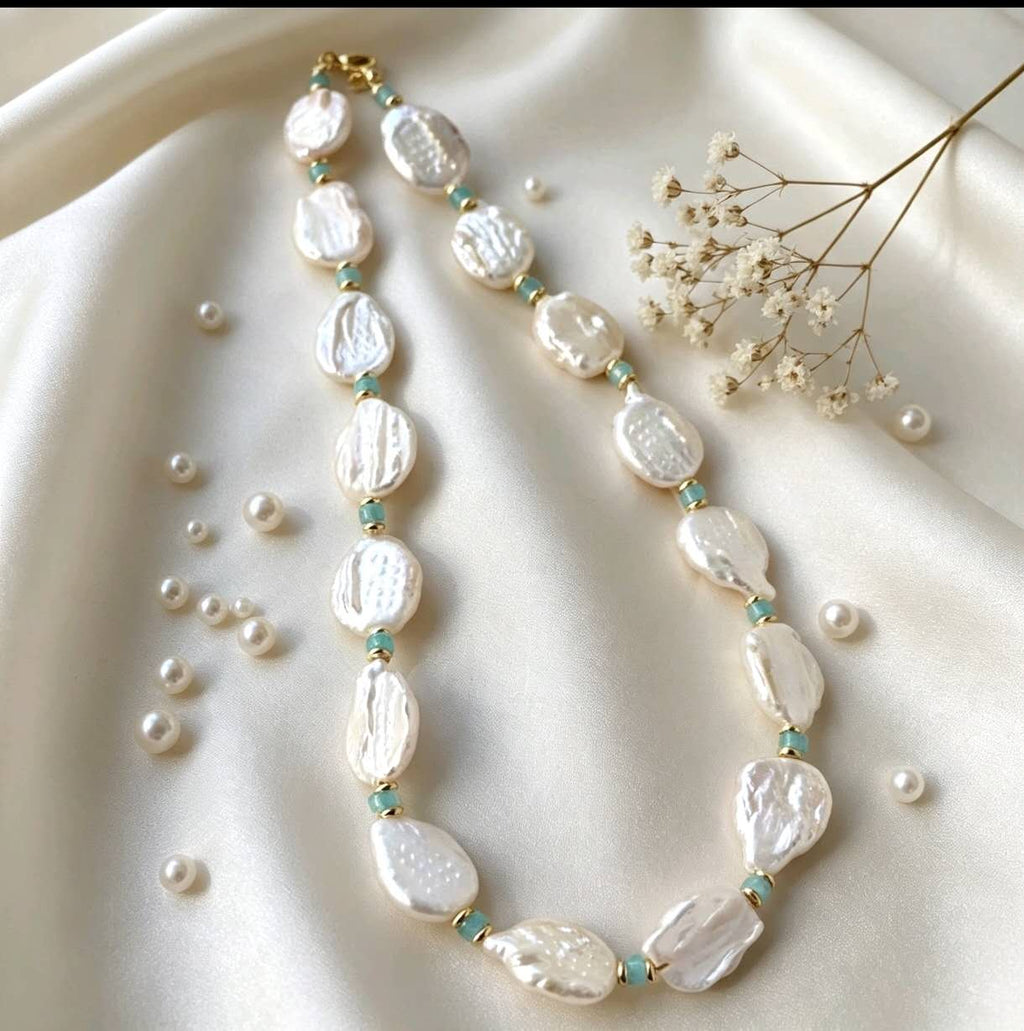 Natural Baroque Freshwater Pearl Necklace, Irregular Keshi Pearl with Amazonite Beads, 14K Gold Filled Choker, Elegant Handmade Women Jewelry for Wedding Daily Wear