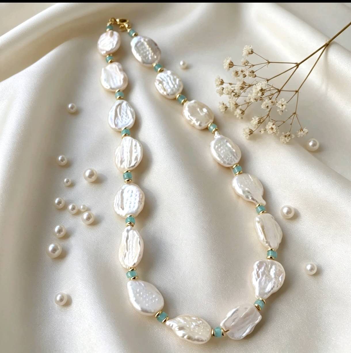 Natural Baroque Freshwater Pearl Necklace, Irregular Keshi Pearl with Amazonite Beads, 14K Gold Filled Choker, Elegant Handmade Women Jewelry for Wedding Daily Wear