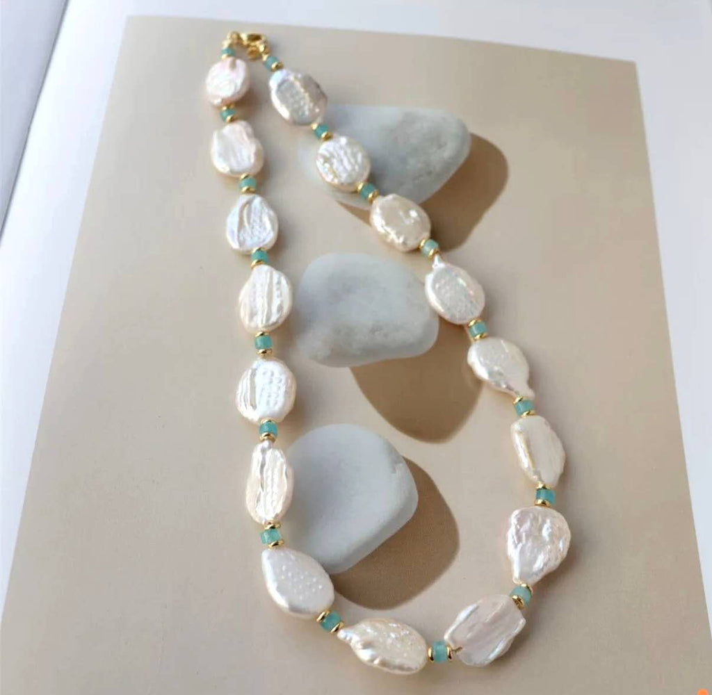 Natural Baroque Freshwater Pearl Necklace, Irregular Keshi Pearl with Amazonite Beads, 14K Gold Filled Choker, Elegant Handmade Women Jewelry for Wedding Daily Wear