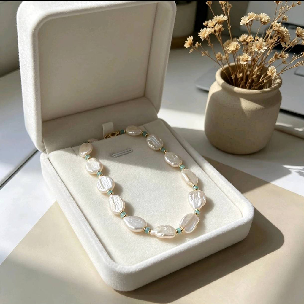 Natural Baroque Freshwater Pearl Necklace, Irregular Keshi Pearl with Amazonite Beads, 14K Gold Filled Choker, Elegant Handmade Women Jewelry for Wedding Daily Wear