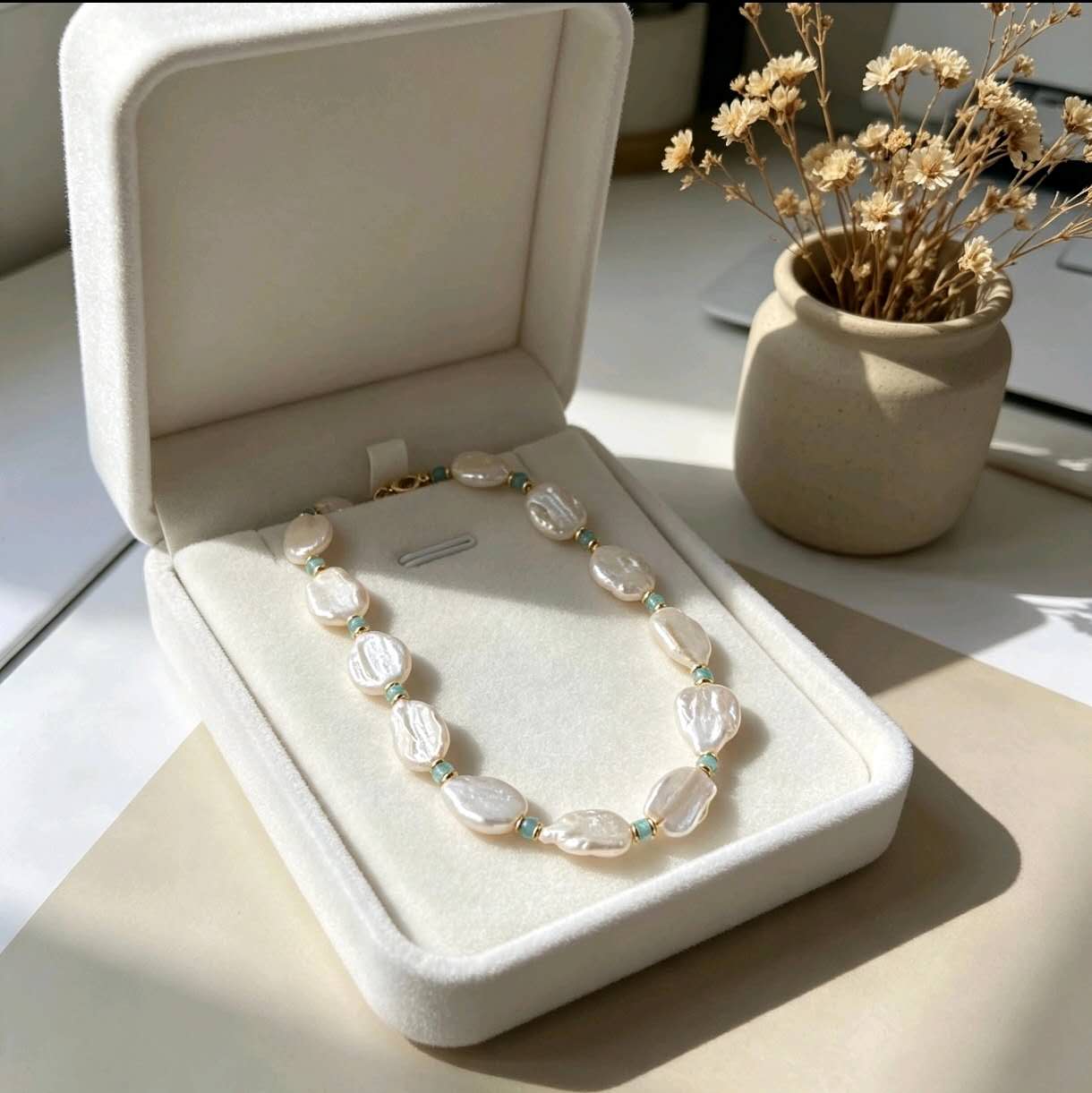 Natural Baroque Freshwater Pearl Necklace, Irregular Keshi Pearl with Amazonite Beads, 14K Gold Filled Choker, Elegant Handmade Women Jewelry for Wedding Daily Wear