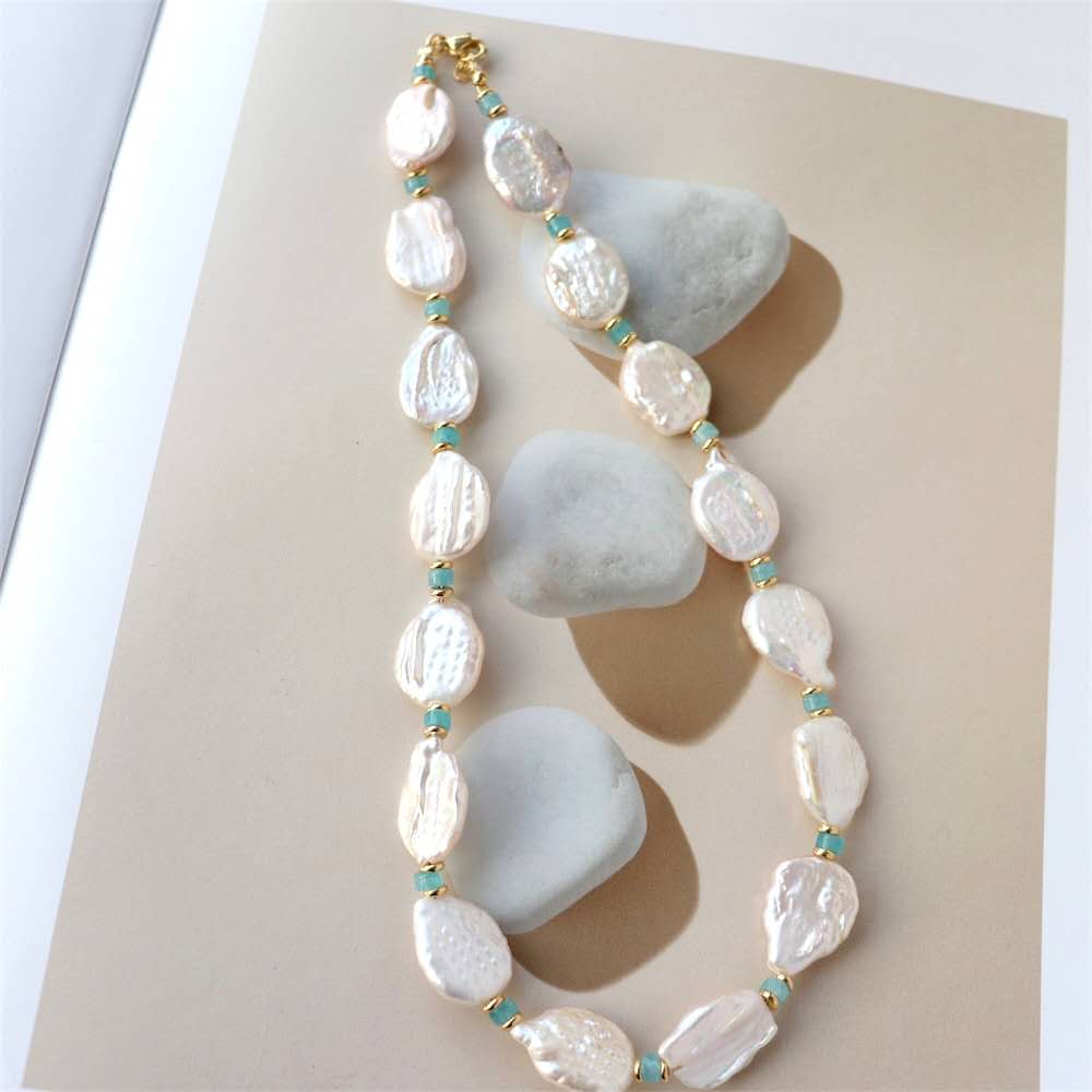Natural Baroque Freshwater Pearl Necklace, Irregular Keshi Pearl with Amazonite Beads, 14K Gold Filled Choker, Elegant Handmade Women Jewelry for Wedding Daily Wear