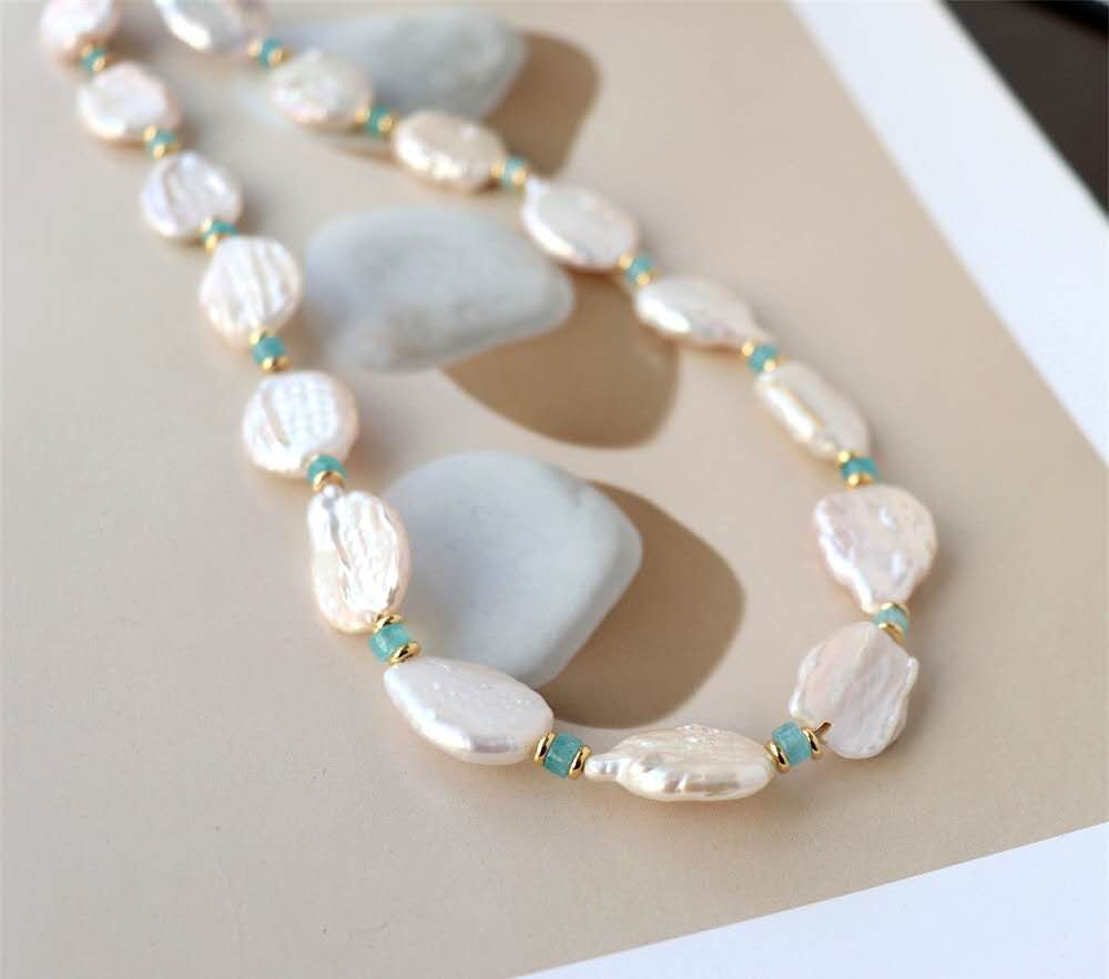 Natural Baroque Freshwater Pearl Necklace, Irregular Keshi Pearl with Amazonite Beads, 14K Gold Filled Choker, Elegant Handmade Women Jewelry for Wedding Daily Wear
