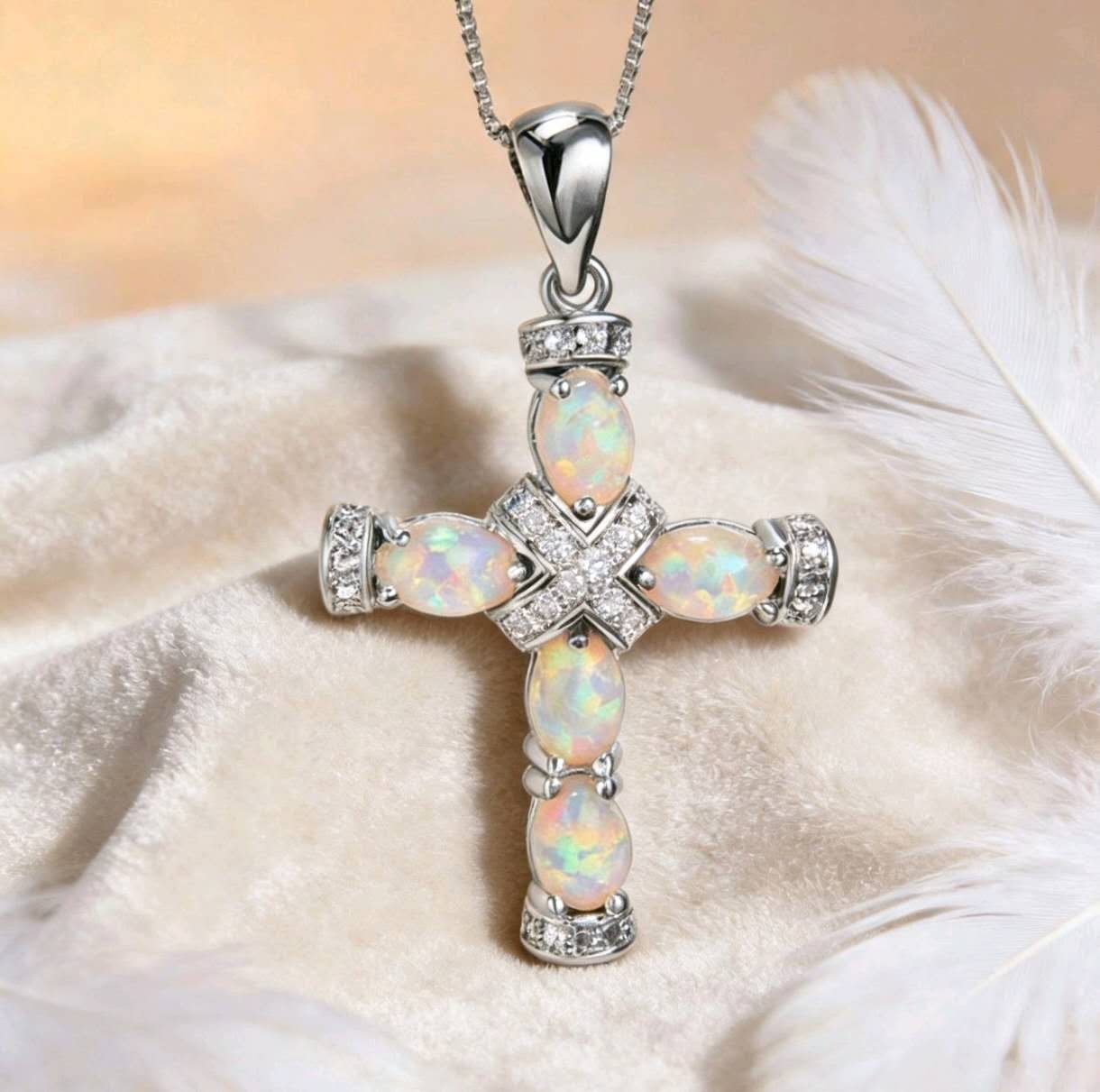 Vintage Created Opal Cross Necklace, Iridescent Opal Zircon Cross Pendant, Rose Gold & White Gold Faith Protection Necklace, Luxury Religious Jewelry Gift for Women