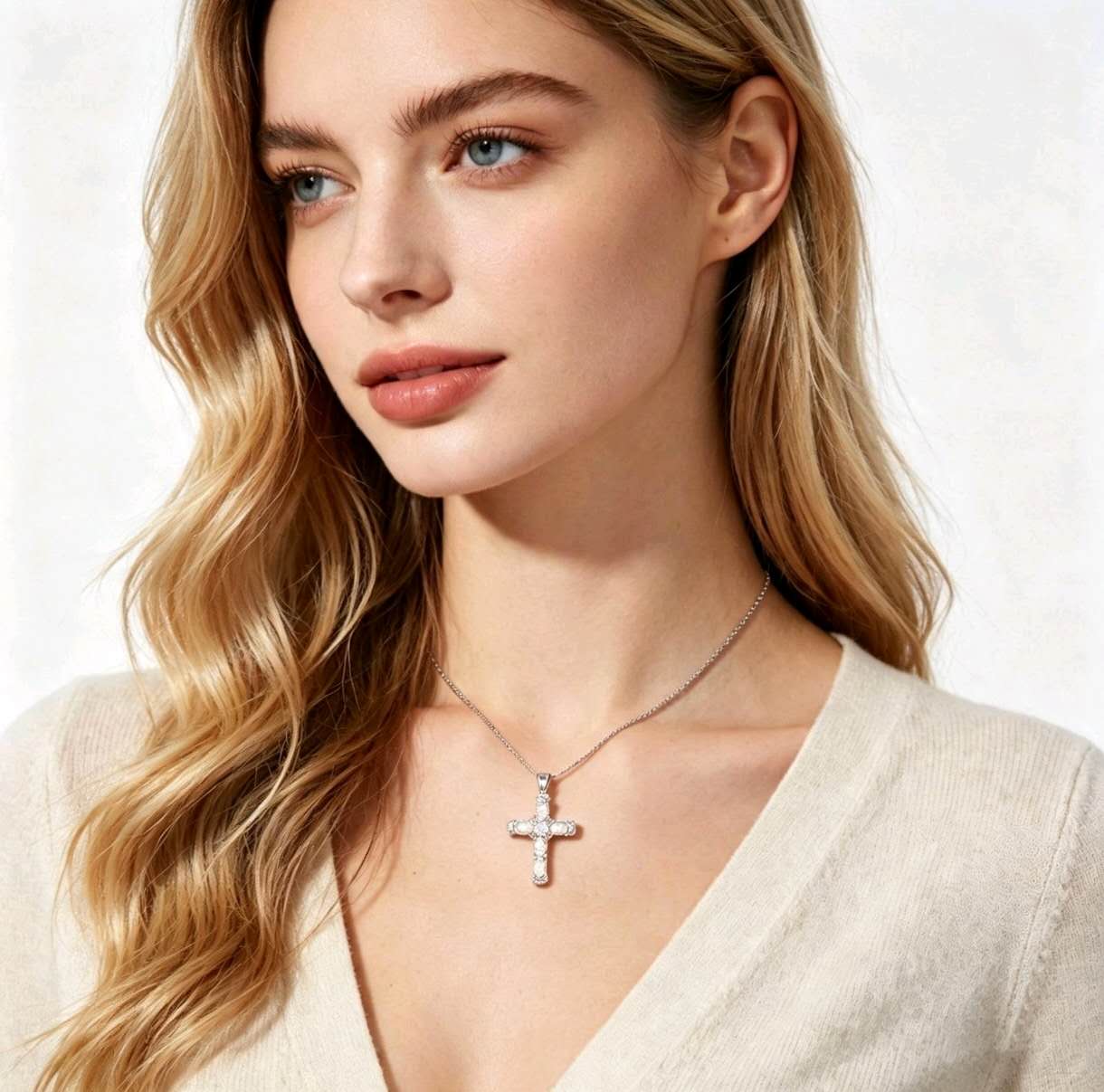 Vintage Created Opal Cross Necklace, Iridescent Opal Zircon Cross Pendant, Rose Gold & White Gold Faith Protection Necklace, Luxury Religious Jewelry Gift for Women