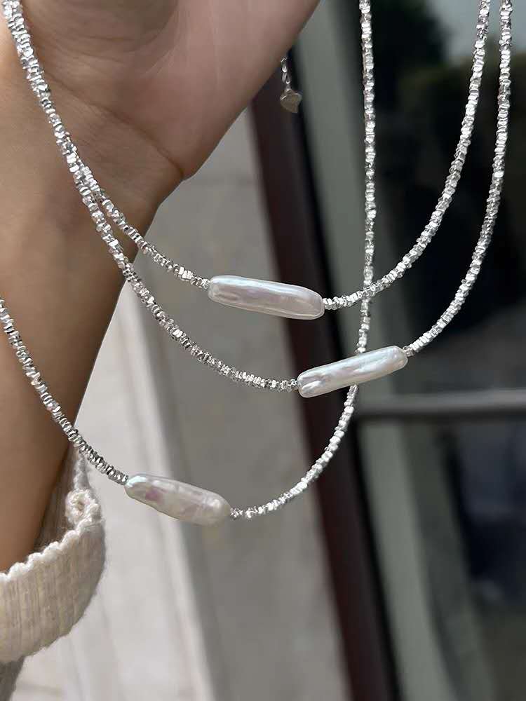 Necklace with crushed silver granules, 22MM natural pearl and S925 silver clasp