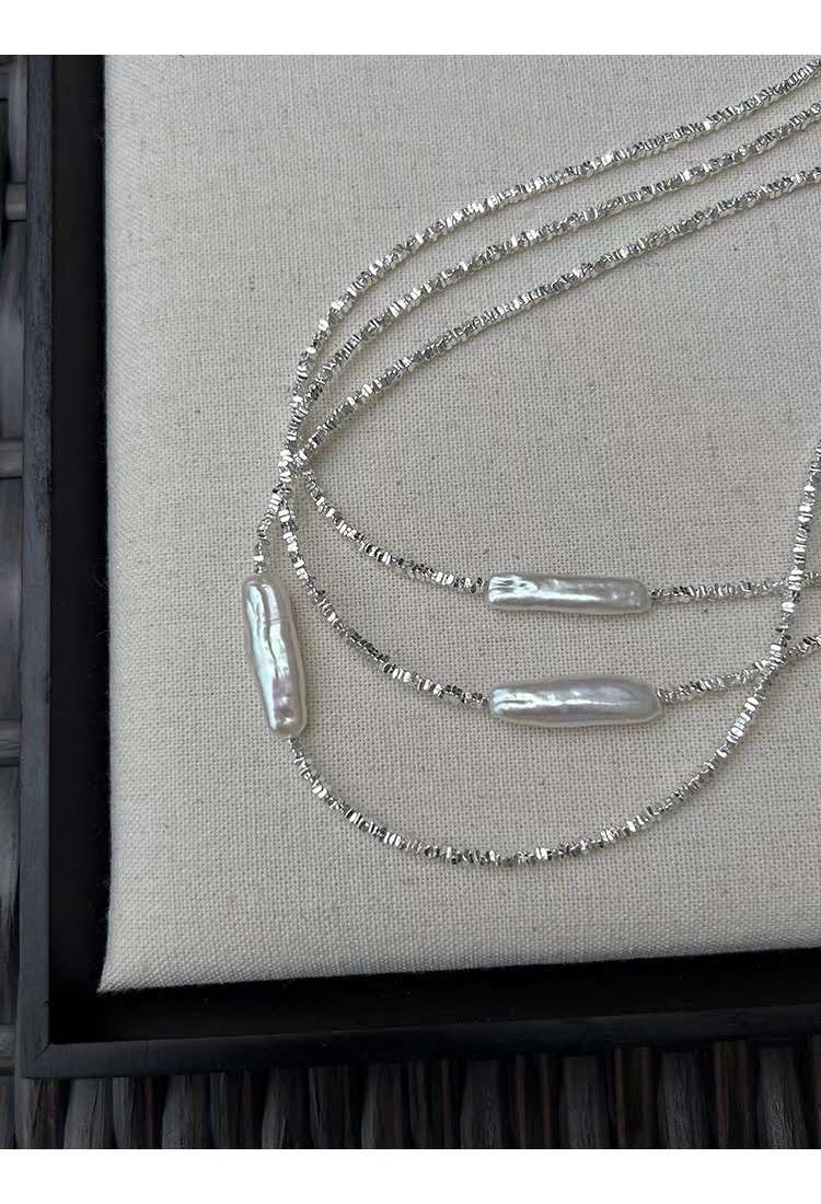 Necklace with crushed silver granules, 22MM natural pearl and S925 silver clasp