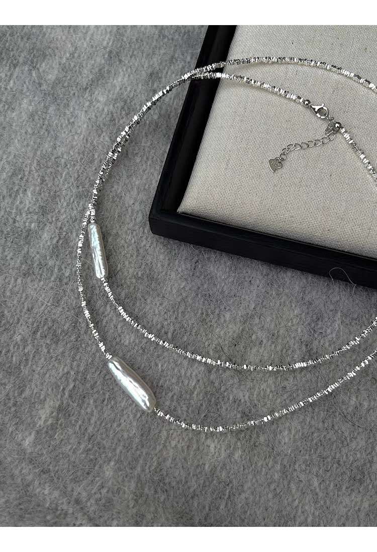 Necklace with crushed silver granules, 22MM natural pearl and S925 silver clasp