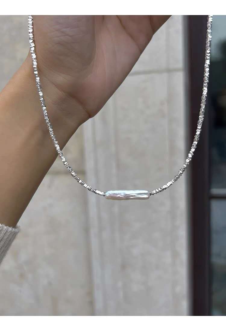 Necklace with crushed silver granules, 22MM natural pearl and S925 silver clasp