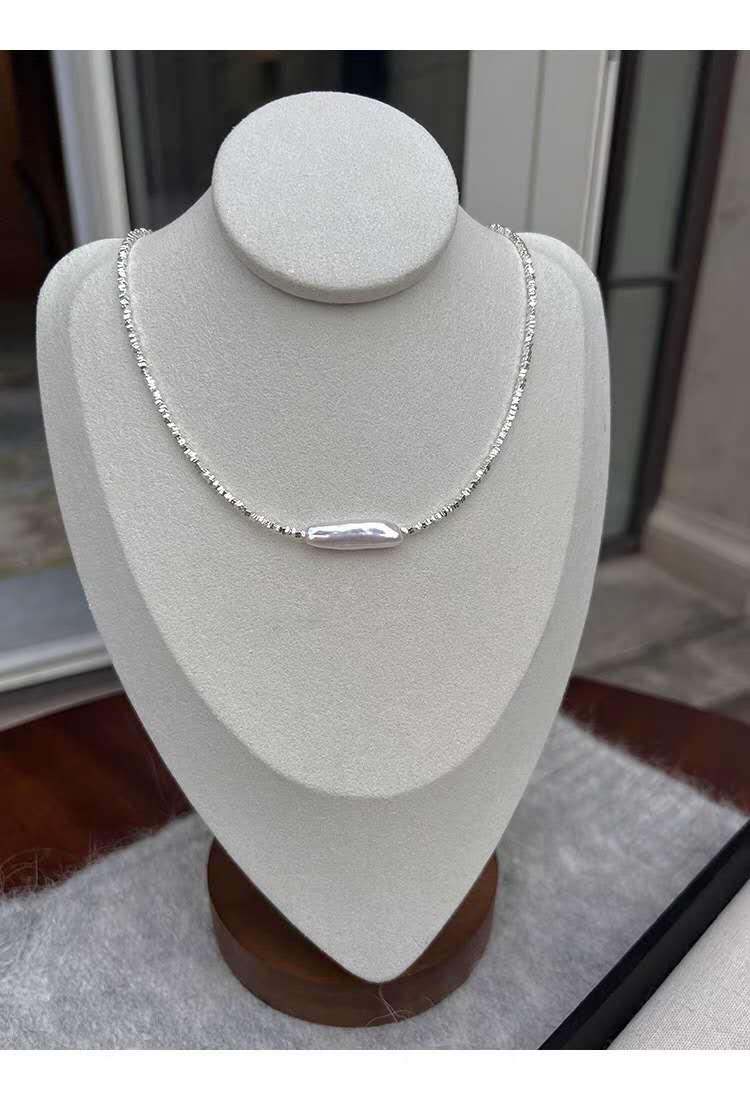 Necklace with crushed silver granules, 22MM natural pearl and S925 silver clasp