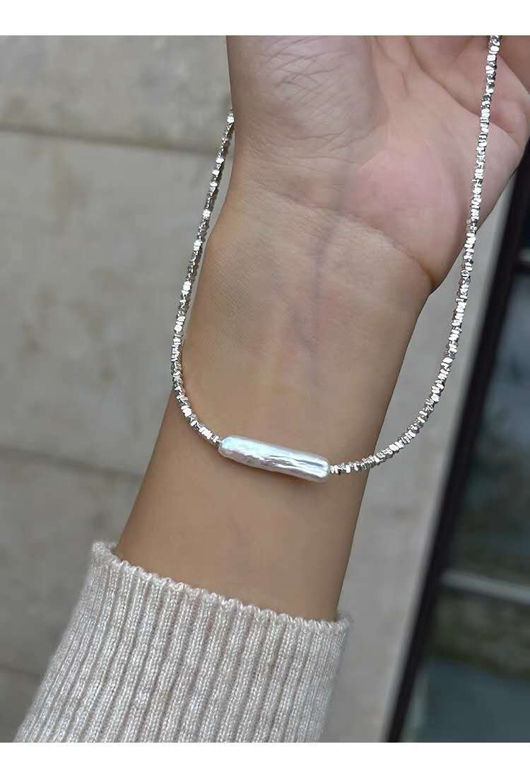 Necklace with crushed silver granules, 22MM natural pearl and S925 silver clasp