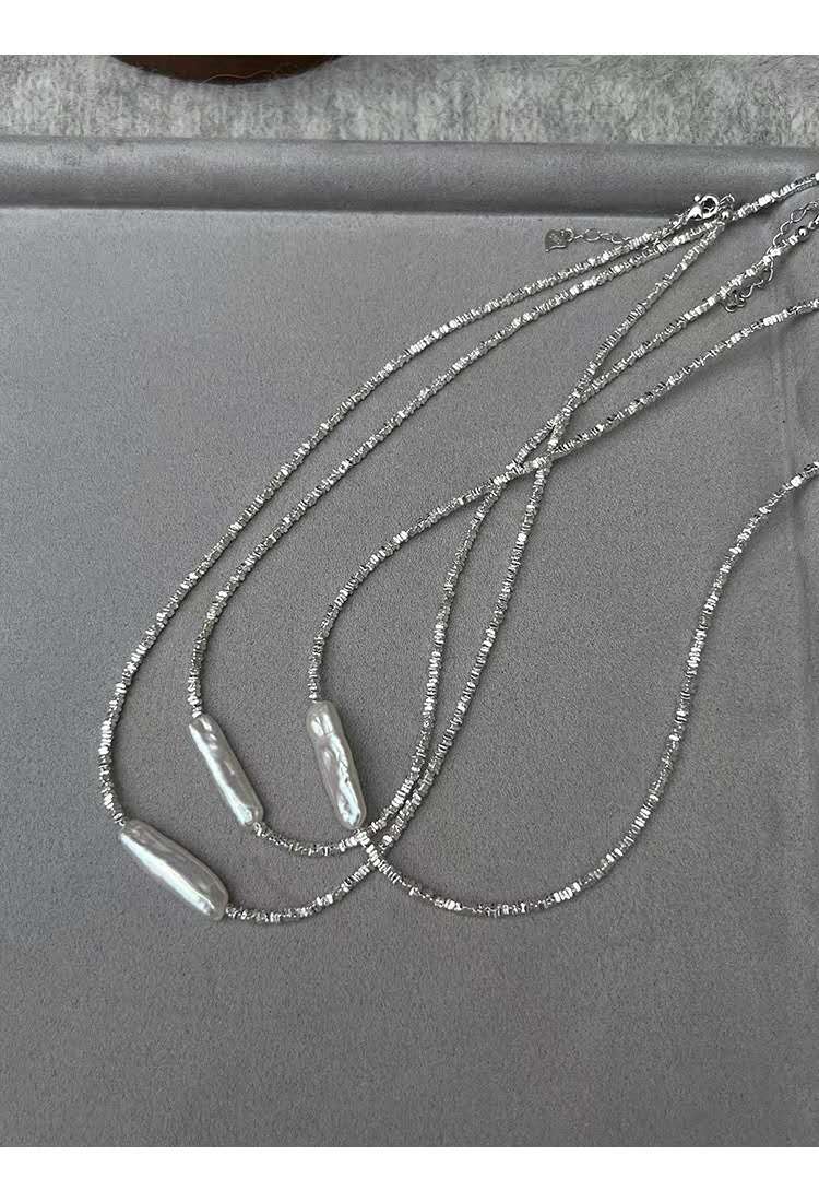 Necklace with crushed silver granules, 22MM natural pearl and S925 silver clasp