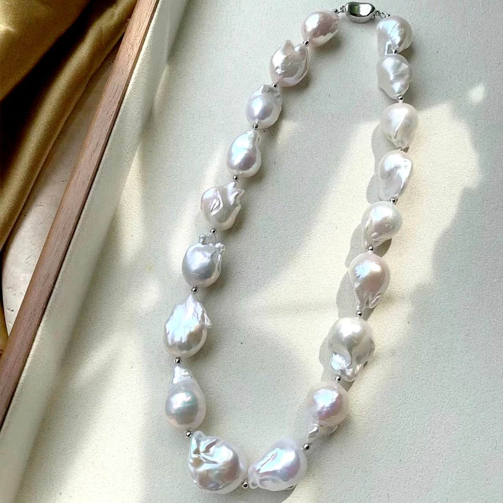 16-17mm Large Natural Baroque Pearl Necklace, High Luster Irregular Freshwater Baroque Pearl Choker, Handmade Beaded Luxury Vintage Pearl Necklace for Women Gift