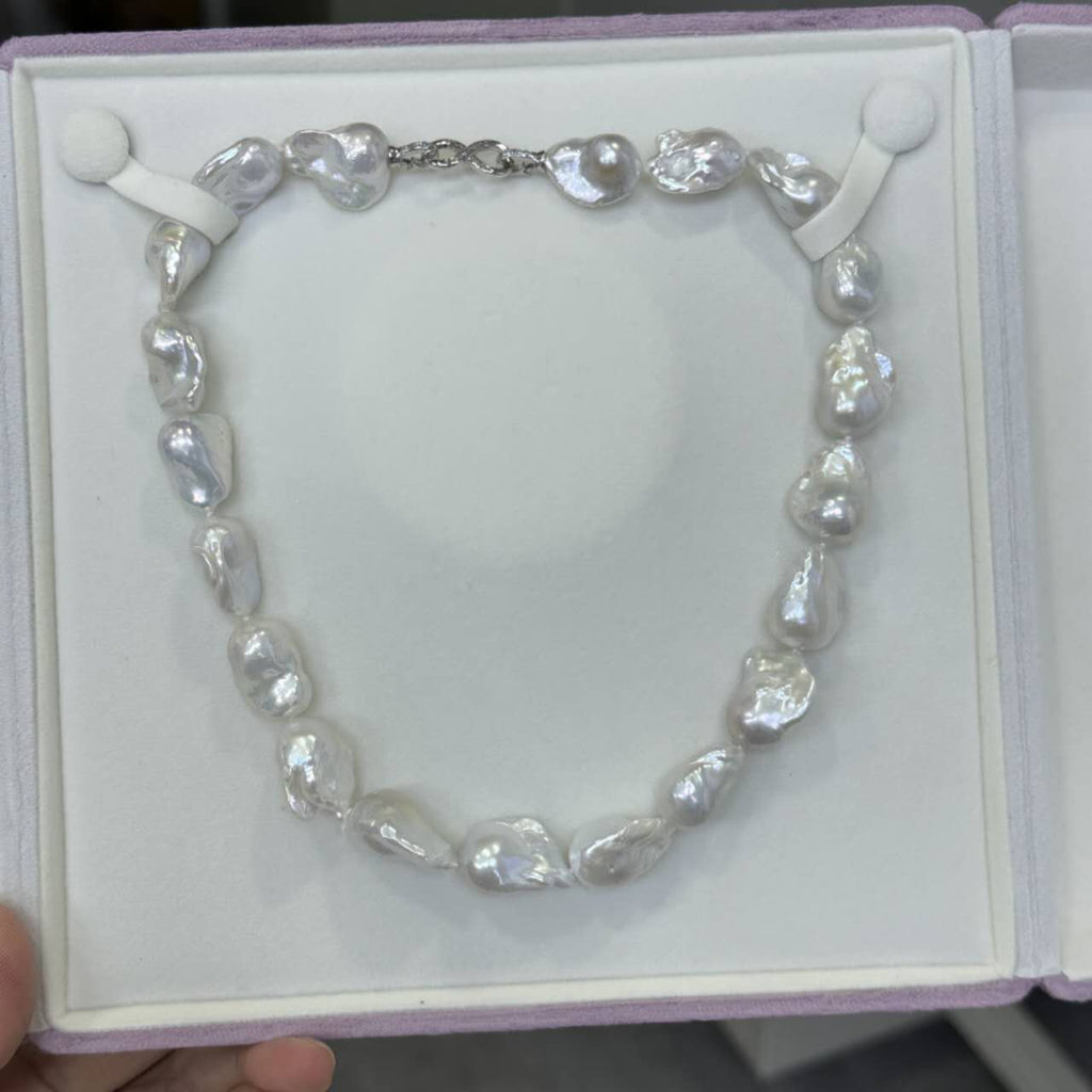 16-17mm Large Natural Baroque Pearl Necklace, High Luster Irregular Freshwater Baroque Pearl Choker, Handmade Beaded Luxury Vintage Pearl Necklace for Women Gift