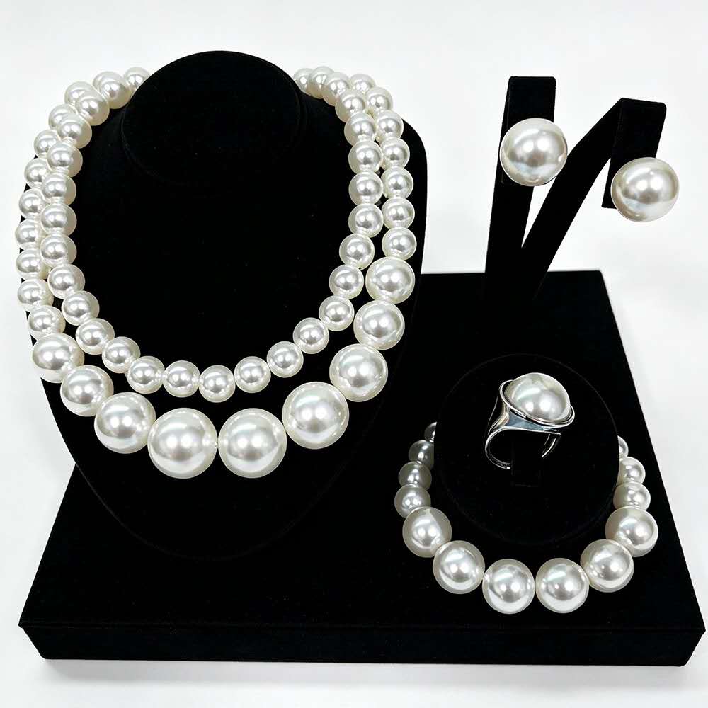 Graduated White Pearl Jewelry Set 5 Pieces, Double Strand Pearl Necklace, Stud Earrings, Pearl Bracelet, Pearl Ring, Elegant Wedding Party Bridal Pearl Jewelry Gift Set
