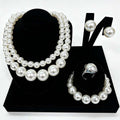 Graduated White Pearl Jewelry Set 5 Pieces, Double Strand Pearl Necklace, Stud Earrings, Pearl Bracelet, Pearl Ring, Elegant Wedding Party Bridal Pearl Jewelry Gift Set