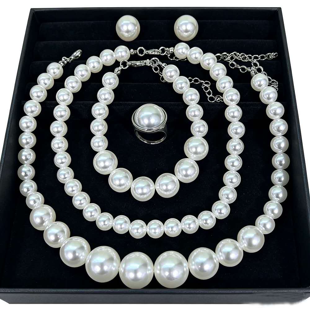 Graduated White Pearl Jewelry Set 5 Pieces, Double Strand Pearl Necklace, Stud Earrings, Pearl Bracelet, Pearl Ring, Elegant Wedding Party Bridal Pearl Jewelry Gift Set