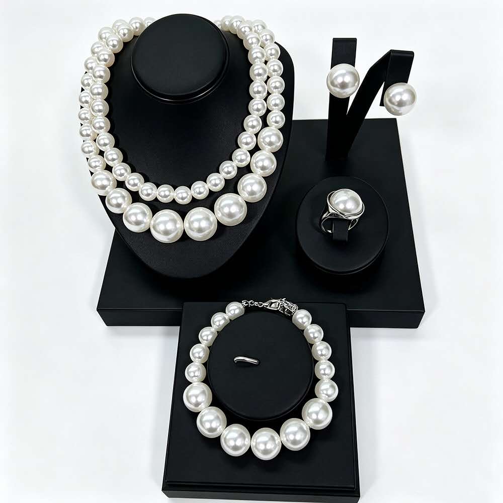 Graduated White Pearl Jewelry Set 5 Pieces, Double Strand Pearl Necklace, Stud Earrings, Pearl Bracelet, Pearl Ring, Elegant Wedding Party Bridal Pearl Jewelry Gift Set
