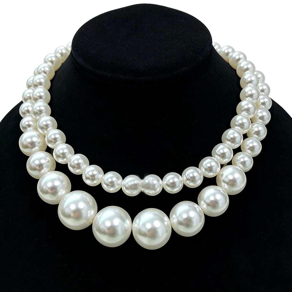 Graduated White Pearl Jewelry Set 5 Pieces, Double Strand Pearl Necklace, Stud Earrings, Pearl Bracelet, Pearl Ring, Elegant Wedding Party Bridal Pearl Jewelry Gift Set