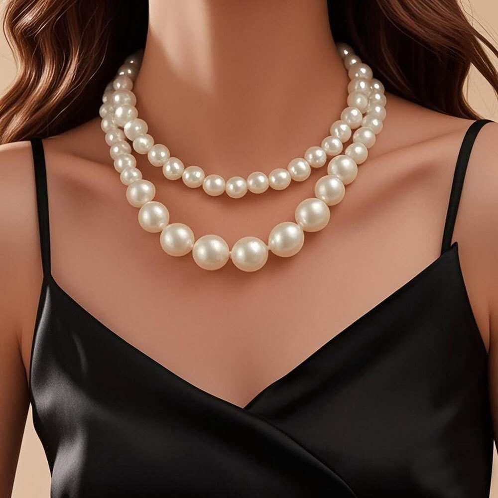 Graduated White Pearl Jewelry Set 5 Pieces, Double Strand Pearl Necklace, Stud Earrings, Pearl Bracelet, Pearl Ring, Elegant Wedding Party Bridal Pearl Jewelry Gift Set