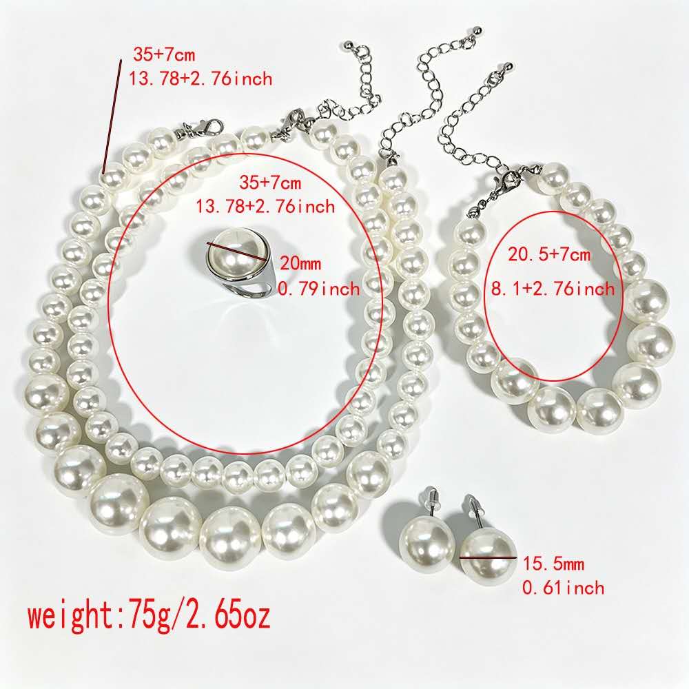 Graduated White Pearl Jewelry Set 5 Pieces, Double Strand Pearl Necklace, Stud Earrings, Pearl Bracelet, Pearl Ring, Elegant Wedding Party Bridal Pearl Jewelry Gift Set