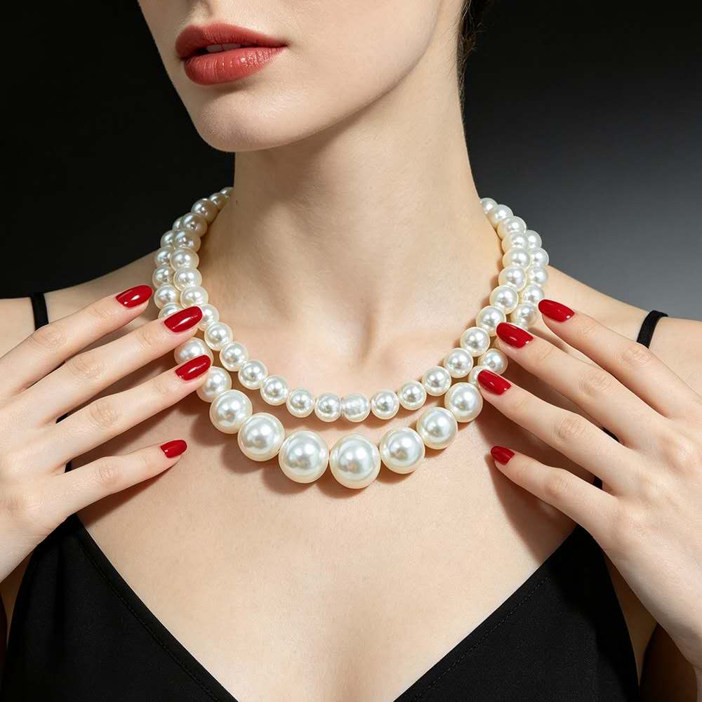 Graduated White Pearl Jewelry Set 5 Pieces, Double Strand Pearl Necklace, Stud Earrings, Pearl Bracelet, Pearl Ring, Elegant Wedding Party Bridal Pearl Jewelry Gift Set