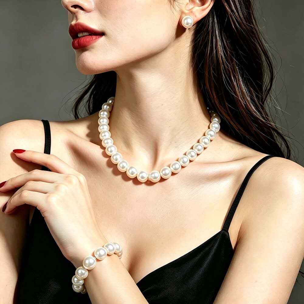Graduated White Pearl Jewelry Set 5 Pieces, Double Strand Pearl Necklace, Stud Earrings, Pearl Bracelet, Pearl Ring, Elegant Wedding Party Bridal Pearl Jewelry Gift Set