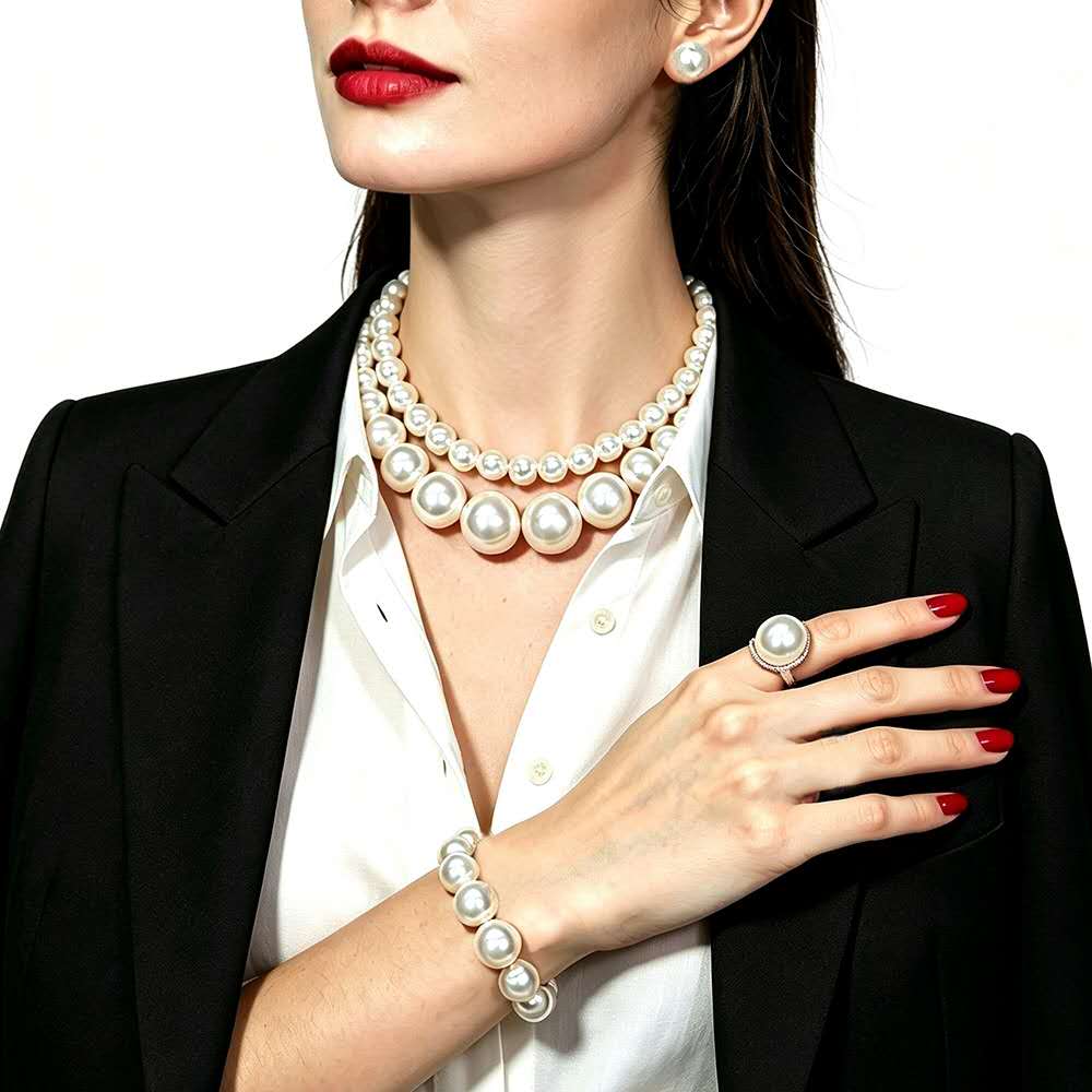 Graduated White Pearl Jewelry Set 5 Pieces, Double Strand Pearl Necklace, Stud Earrings, Pearl Bracelet, Pearl Ring, Elegant Wedding Party Bridal Pearl Jewelry Gift Set