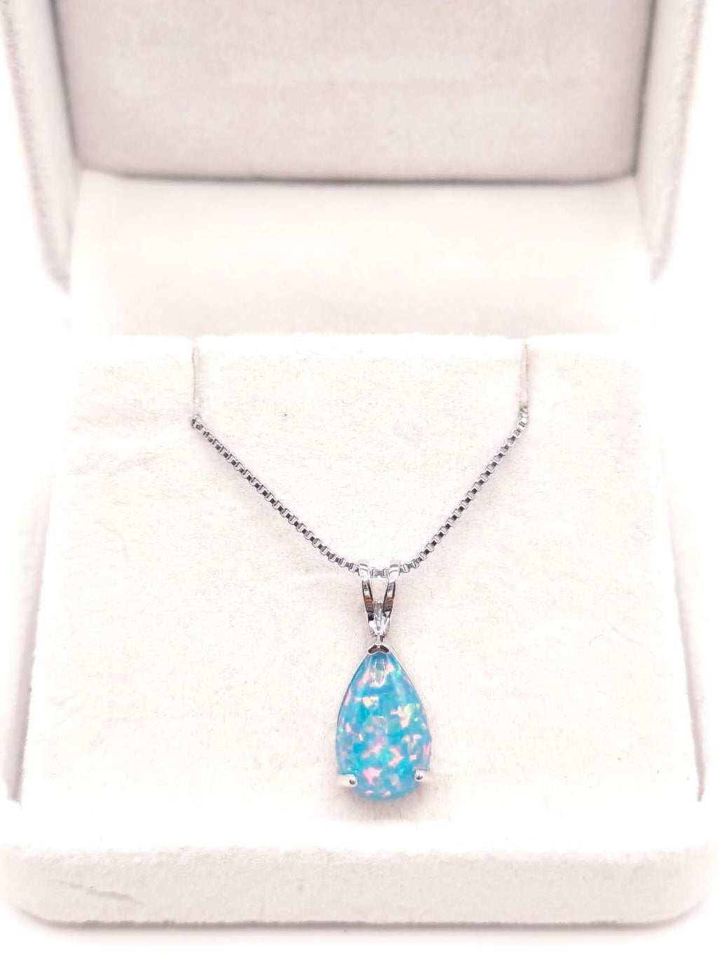 18K white gold plated teardrop-shaped opal necklace