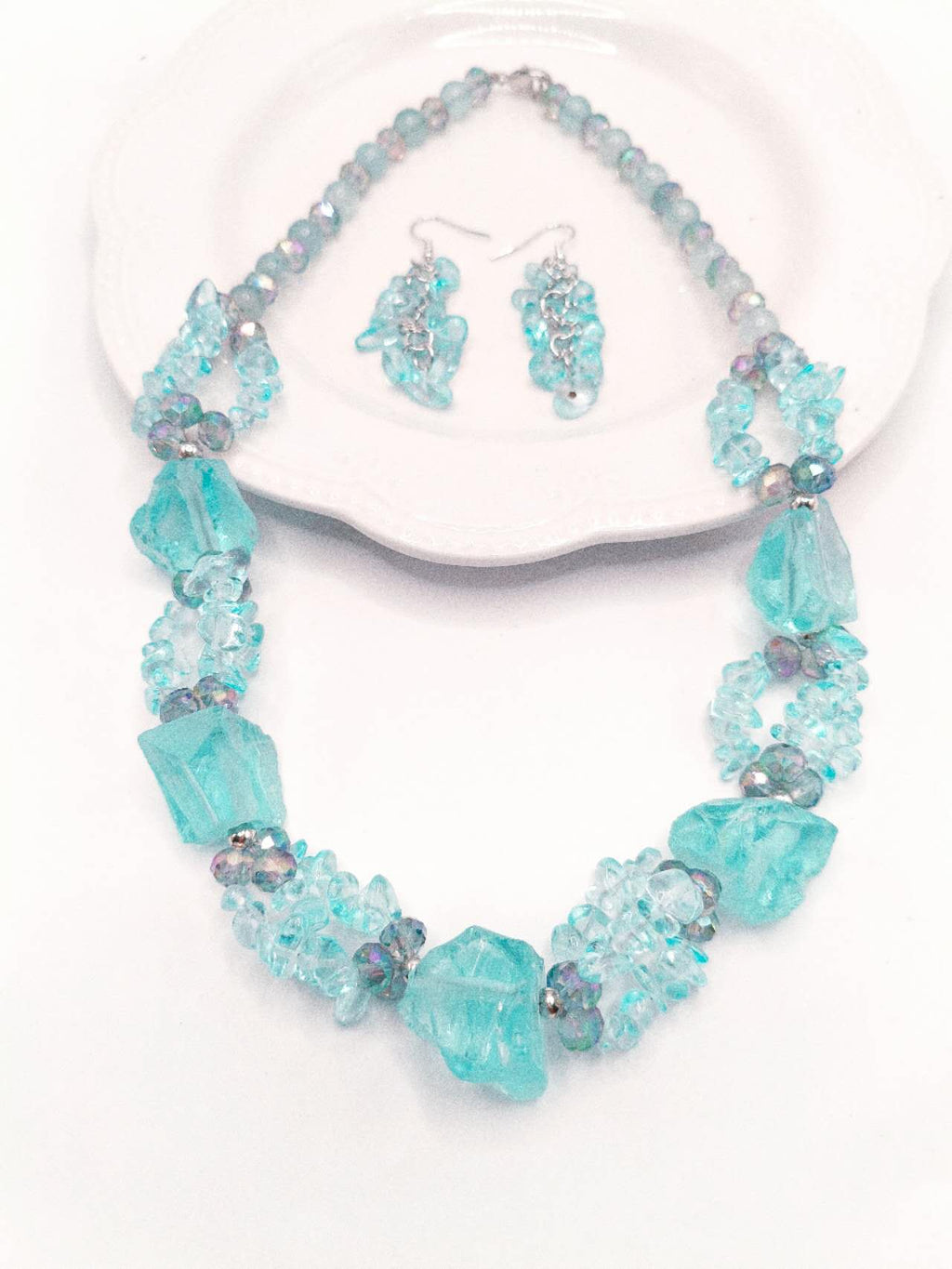 Complete set of handcrafted beads, natural aquamarine stones and crystals 2PCS