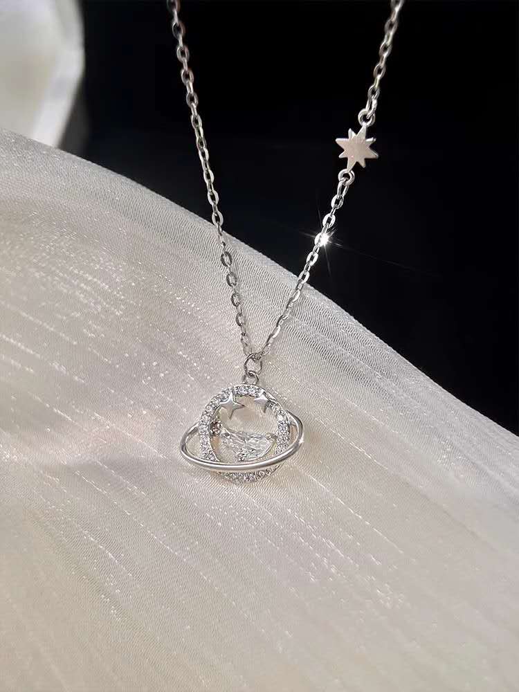 S925 Silver necklace featuring a starry sky, the universe, and planets