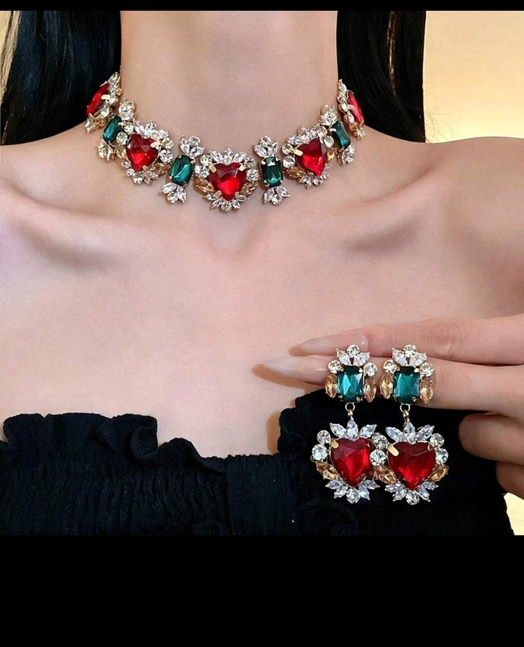 Parure de bijoux cœur en oxyde de zirconium et strass, collier ras de cou et boucles d'oreilles, bijoux de soirée élégants