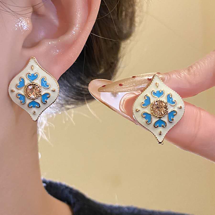 Vintage Royal Enamel Jewelry Set, Choker Necklace & Earrings, Sparkling Zircon