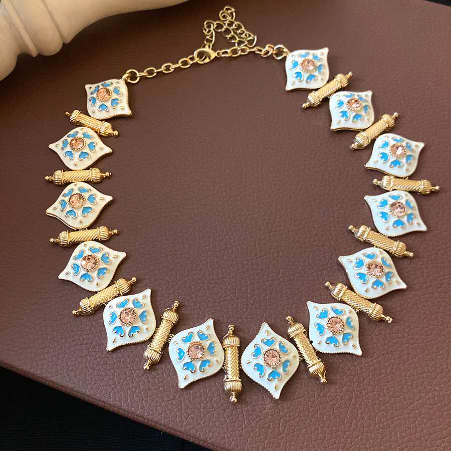 Vintage Royal Enamel Jewelry Set, Choker Necklace & Earrings, Sparkling Zircon