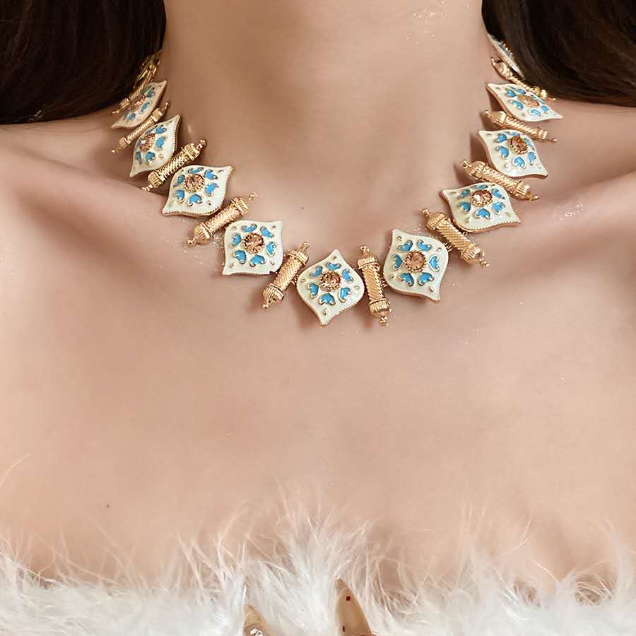 Vintage Royal Enamel Jewelry Set, Choker Necklace & Earrings, Sparkling Zircon