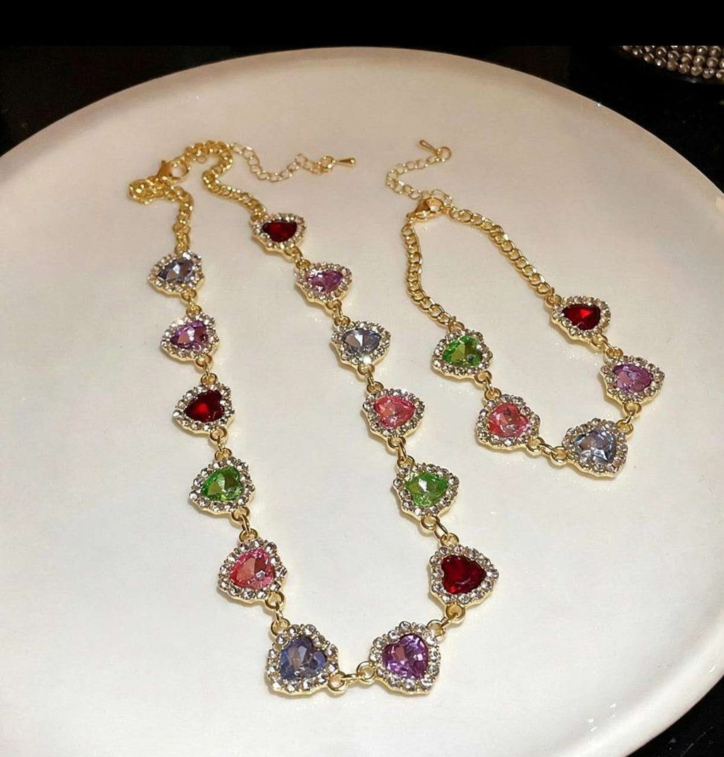 Parure de bijoux cœur, collier et bracelet, oxydes de zirconium colorés, chaîne ajustable