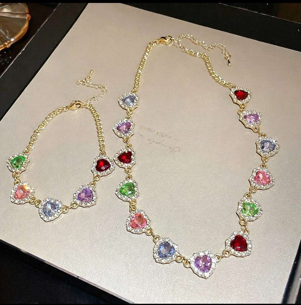 Parure de bijoux cœur, collier et bracelet, oxydes de zirconium colorés, chaîne ajustable