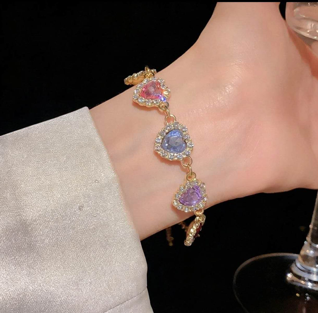 Parure de bijoux cœur, collier et bracelet, oxydes de zirconium colorés, chaîne ajustable