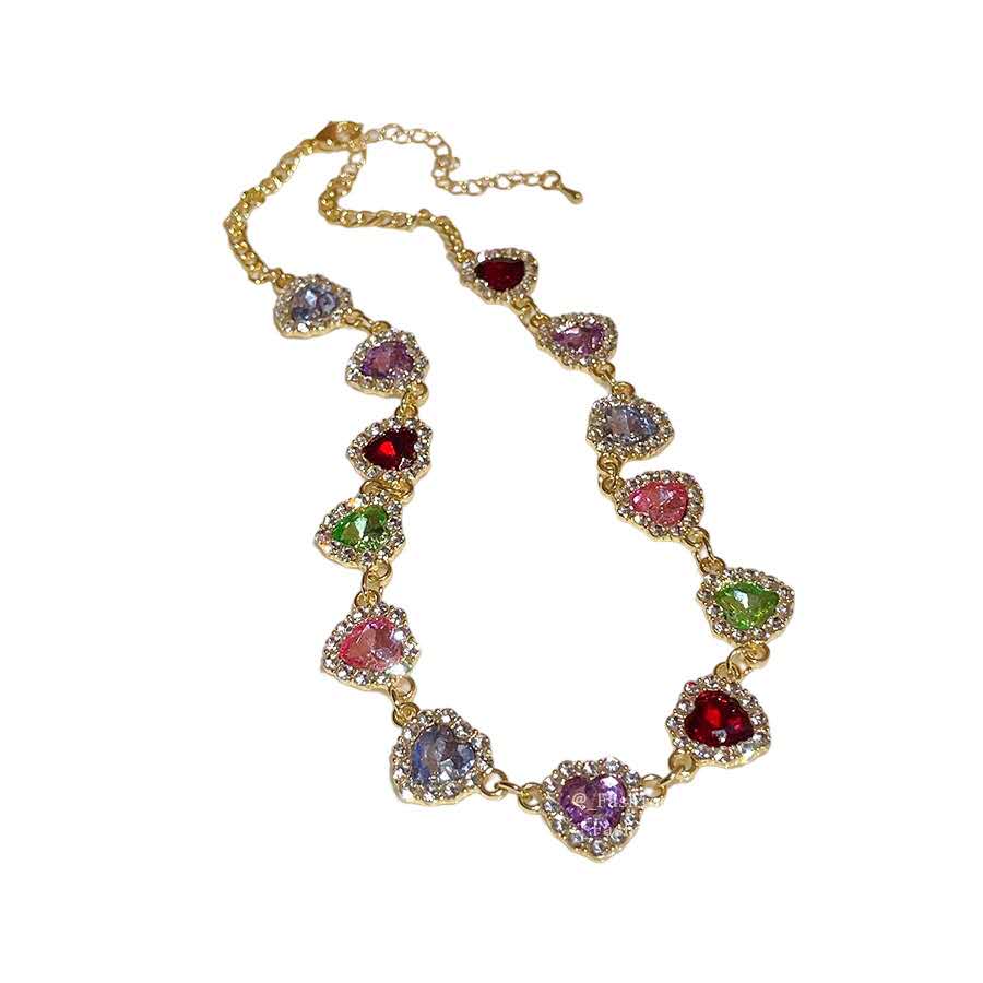 Parure de bijoux cœur, collier et bracelet, oxydes de zirconium colorés, chaîne ajustable